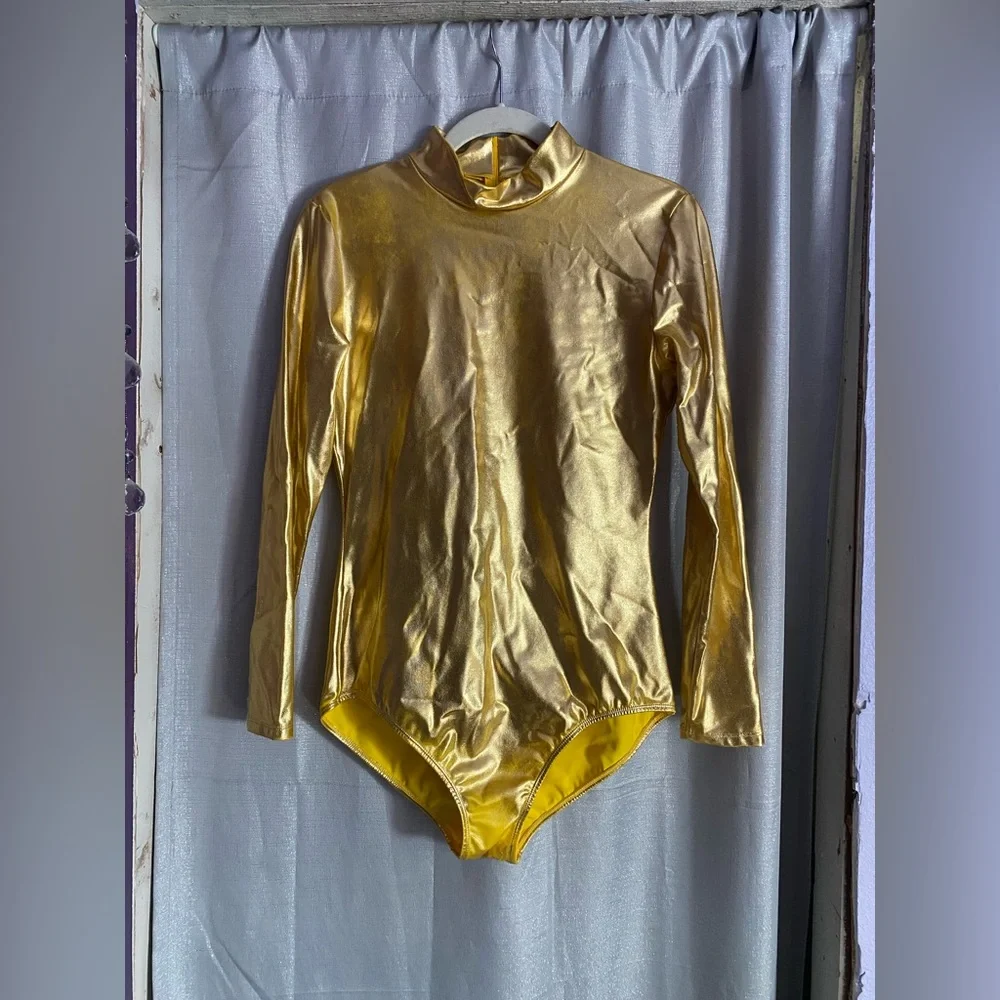 Elegant Gold Zipper Bodysuit Long Sleeve Metallic Leotard - Picture 3 of 6